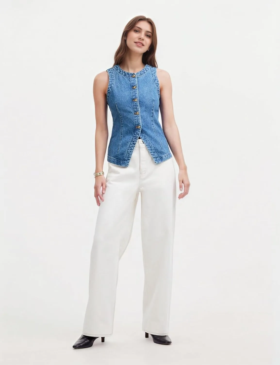 Women's Denim Vest Sleeveless Button Down Casual Jean Crewneck Waistcoat Denim Top