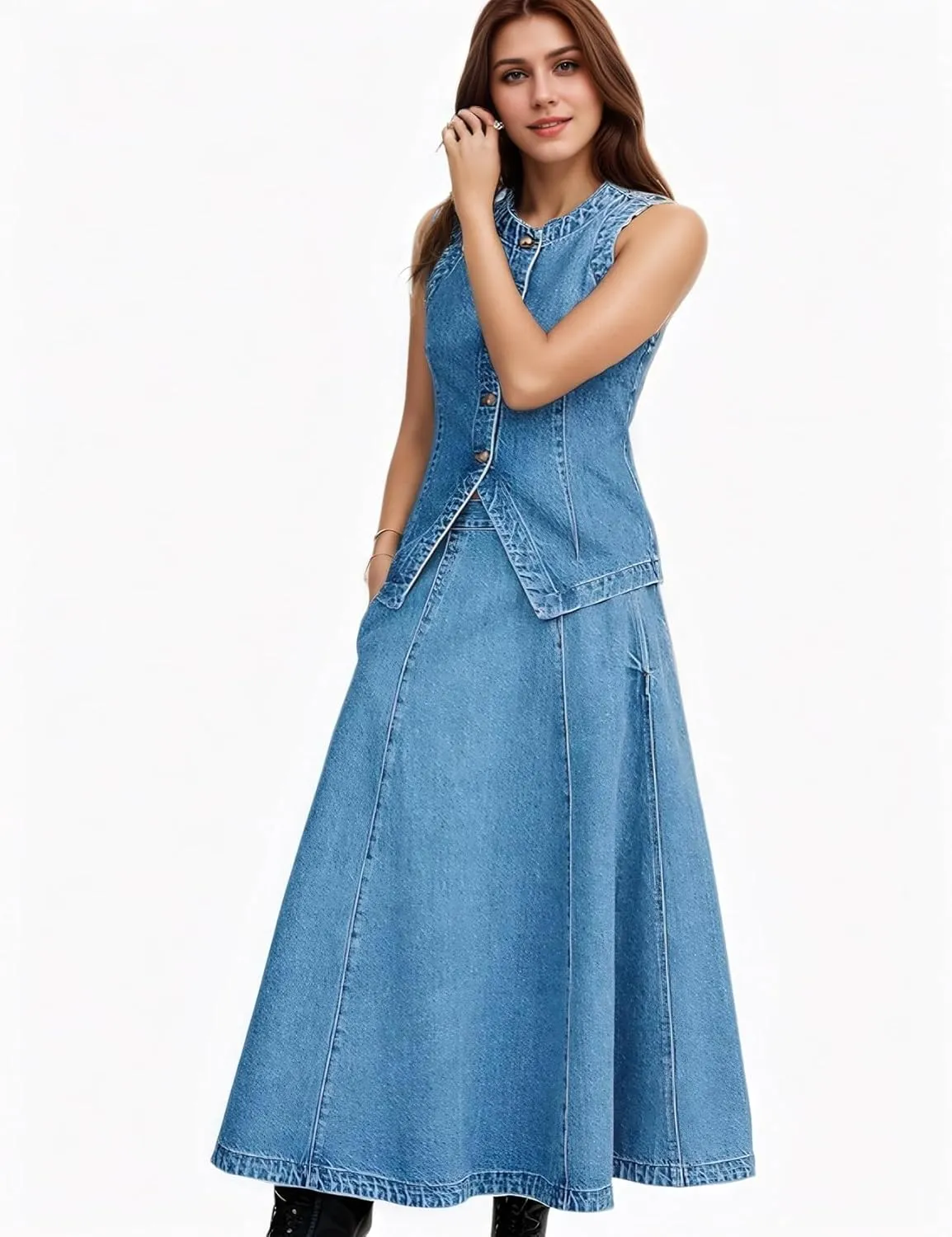 Women's Denim Vest Sleeveless Button Down Casual Jean Crewneck Waistcoat Denim Top