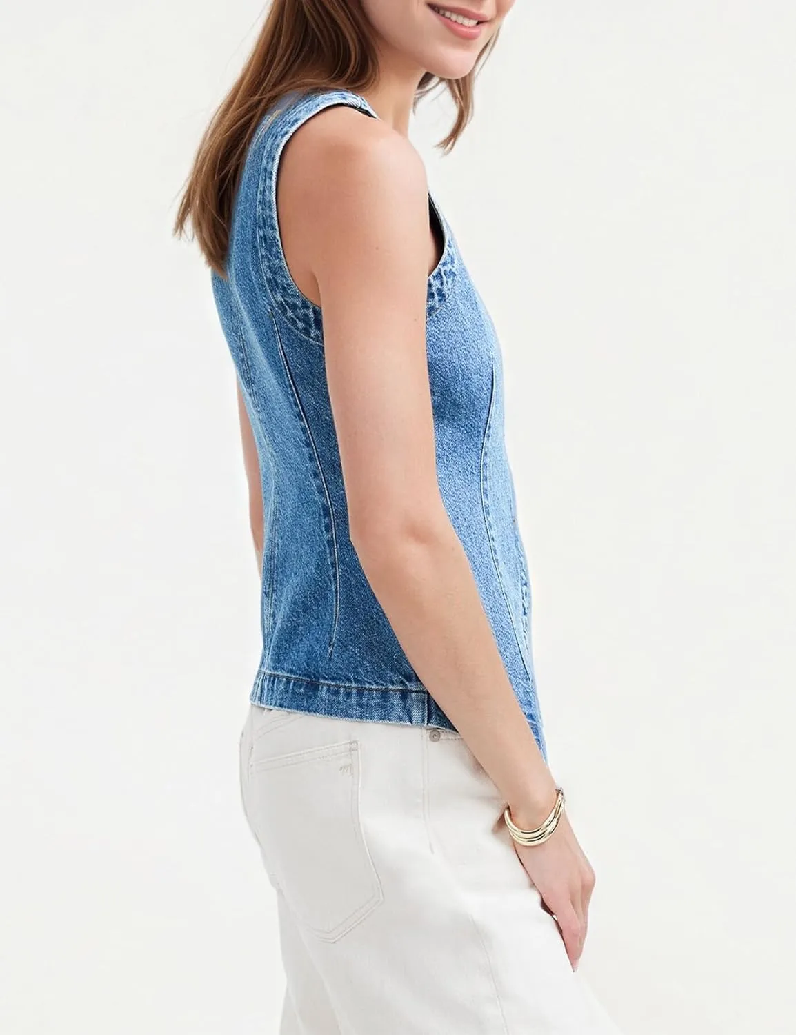 Women's Denim Vest Sleeveless Button Down Casual Jean Crewneck Waistcoat Denim Top