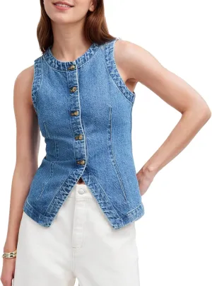 Women's Denim Vest Sleeveless Button Down Casual Jean Crewneck Waistcoat Denim Top