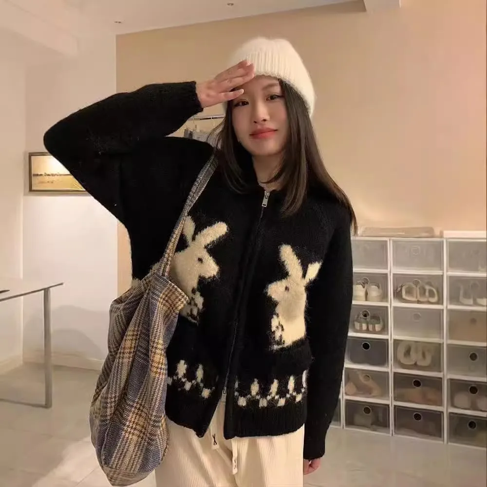 Women's Double Zipper Cardigan Sweater Pattern Long Sleeved Loose Knit Sweater Casual Lapel Knit Short Cardigan