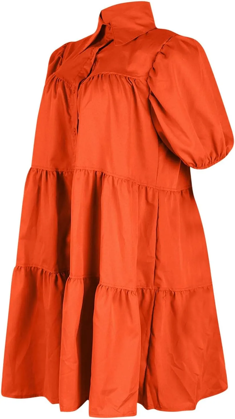 Women's Dresses A Line Loose Ruffle Tiered Lightweight Dress Solid Color Lapel Collar Dress Summer Short Mini Dress