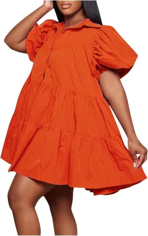 Women's Dresses A Line Loose Ruffle Tiered Lightweight Dress Solid Color Lapel Collar Dress Summer Short Mini Dress