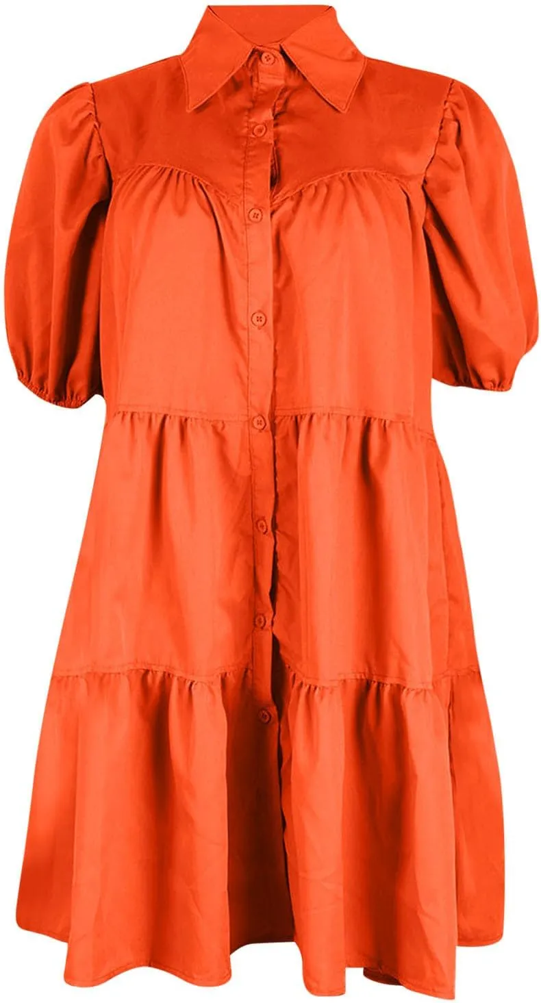 Women's Dresses A Line Loose Ruffle Tiered Lightweight Dress Solid Color Lapel Collar Dress Summer Short Mini Dress