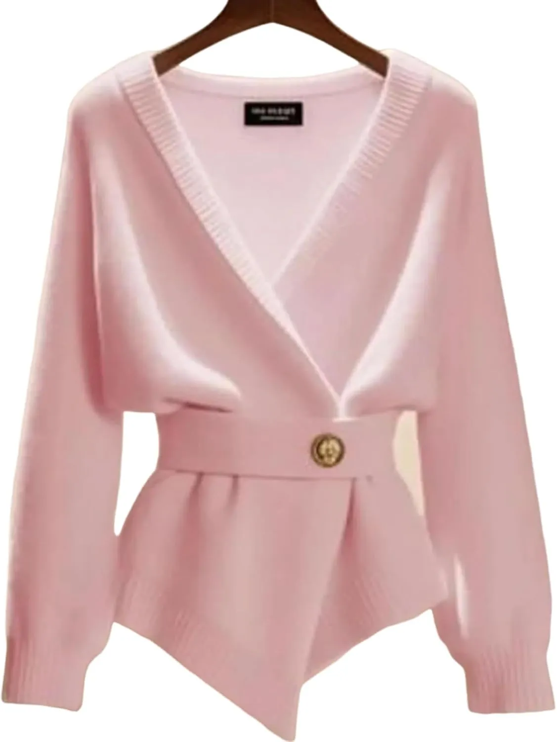 Women's Dressy Pink Long Sleeve Cardigan Sweaters Sexy V Neck Plain Knit Tops 2025 New Slim Fit Jumpers with Belt