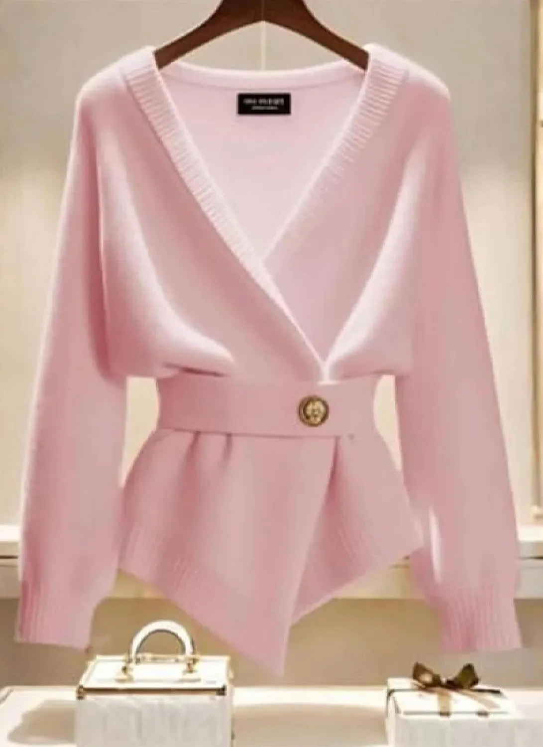 Women's Dressy Pink Long Sleeve Cardigan Sweaters Sexy V Neck Plain Knit Tops 2025 New Slim Fit Jumpers with Belt