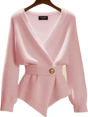 Women's Dressy Pink Long Sleeve Cardigan Sweaters Sexy V Neck Plain Knit Tops 2025 New Slim Fit Jumpers with Belt