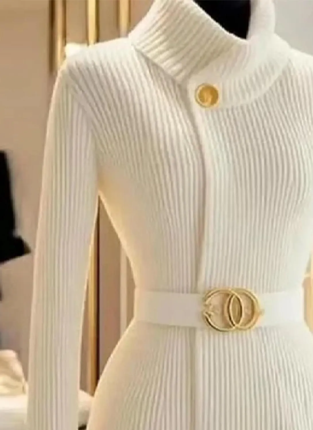Women's Dressy White Plain Turtle Neck Cardigan Sweater with Belt Skinny Long Sleeve Knit Tops Business Work Outfits