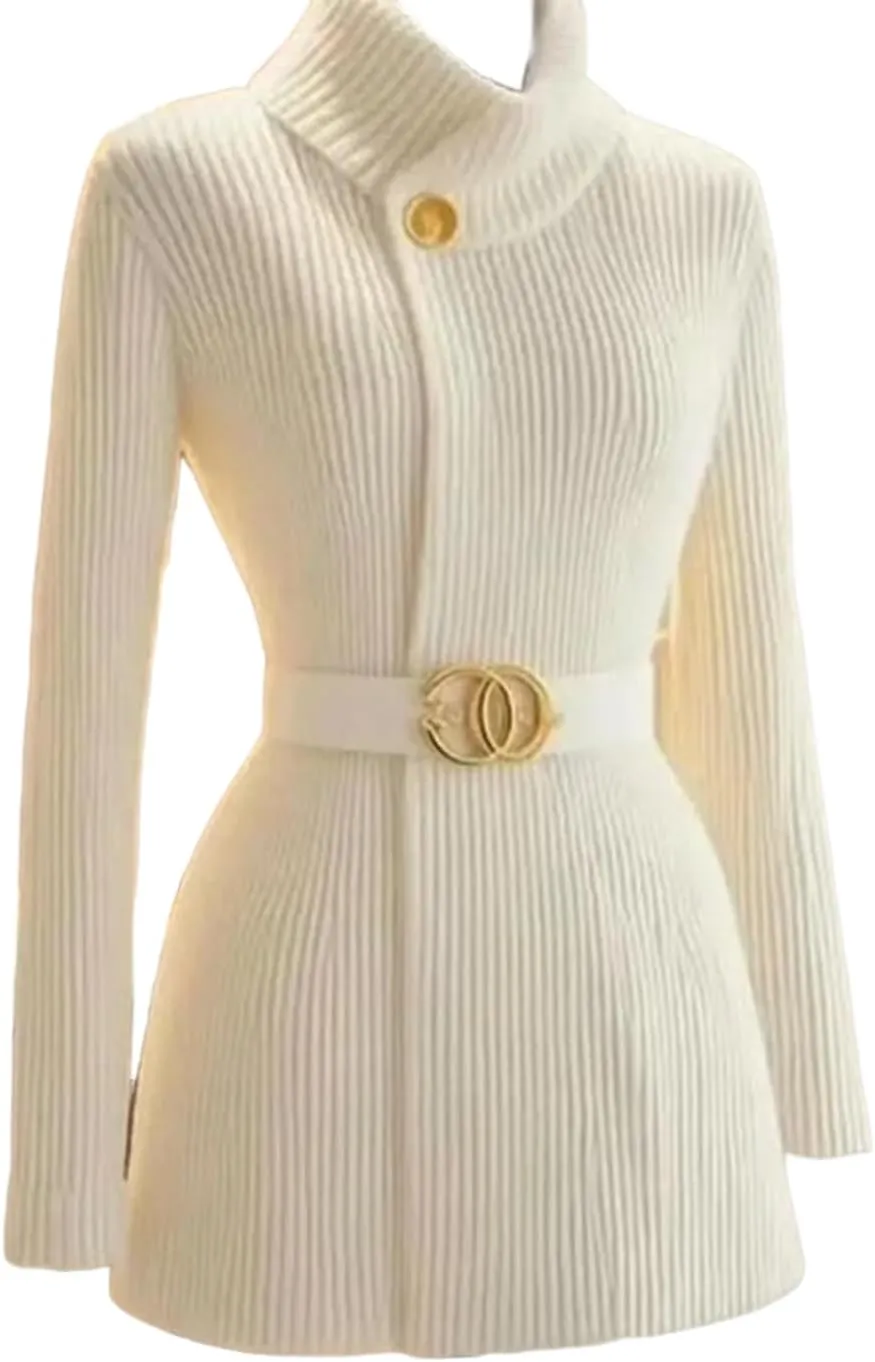 Women's Dressy White Plain Turtle Neck Cardigan Sweater with Belt Skinny Long Sleeve Knit Tops Business Work Outfits