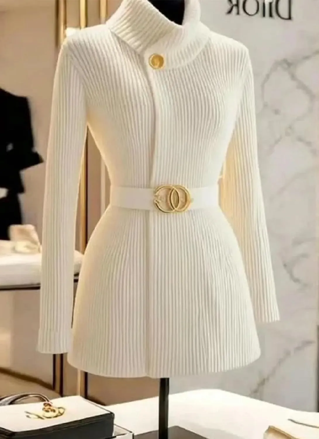 Women's Dressy White Plain Turtle Neck Cardigan Sweater with Belt Skinny Long Sleeve Knit Tops Business Work Outfits