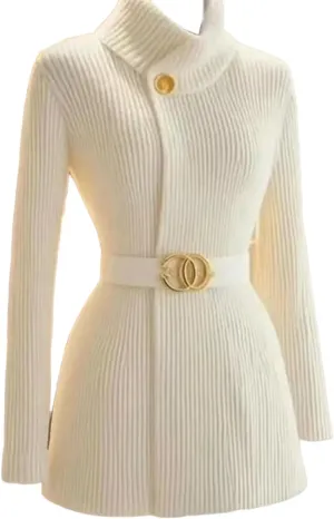 Women's Dressy White Plain Turtle Neck Cardigan Sweater with Belt Skinny Long Sleeve Knit Tops Business Work Outfits