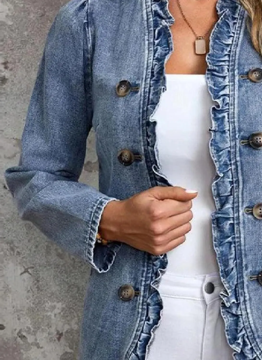 Women's Elegant Ruffled Denim Jacket Double Breasted Side Pockets Jean Coat Casual Outwear 2025 Spring Summer Trends