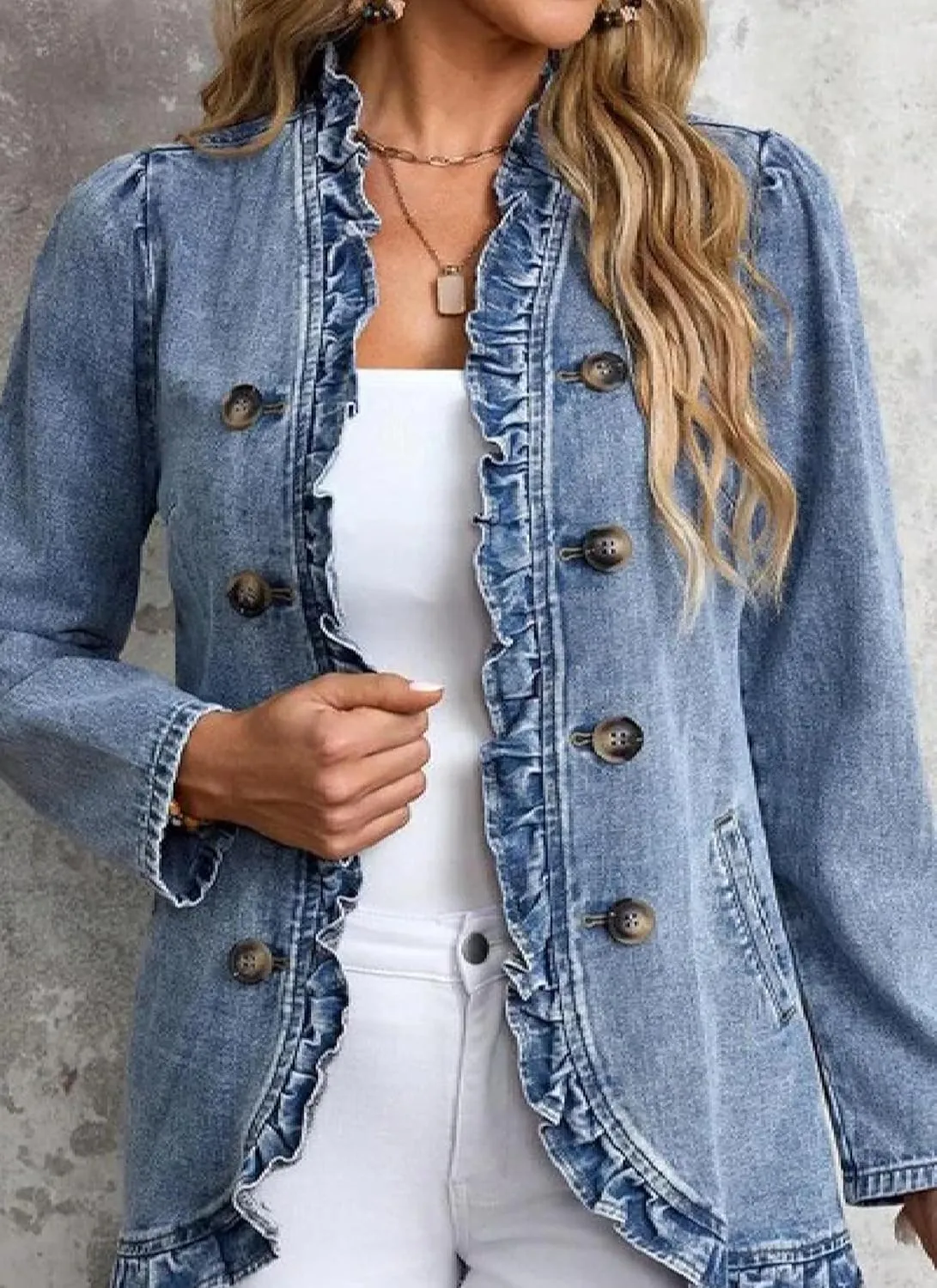 Women's Elegant Ruffled Denim Jacket Double Breasted Side Pockets Jean Coat Casual Outwear 2025 Spring Summer Trends