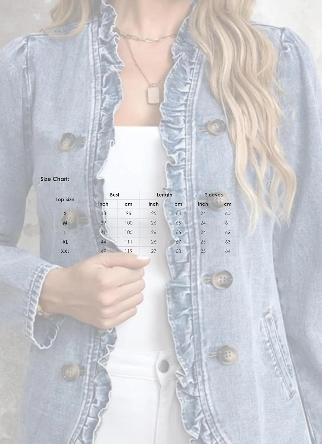 Women's Elegant Ruffled Denim Jacket Double Breasted Side Pockets Jean Coat Casual Outwear 2025 Spring Summer Trends