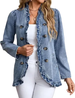 Women's Elegant Ruffled Denim Jacket Double Breasted Side Pockets Jean Coat Casual Outwear 2025 Spring Summer Trends