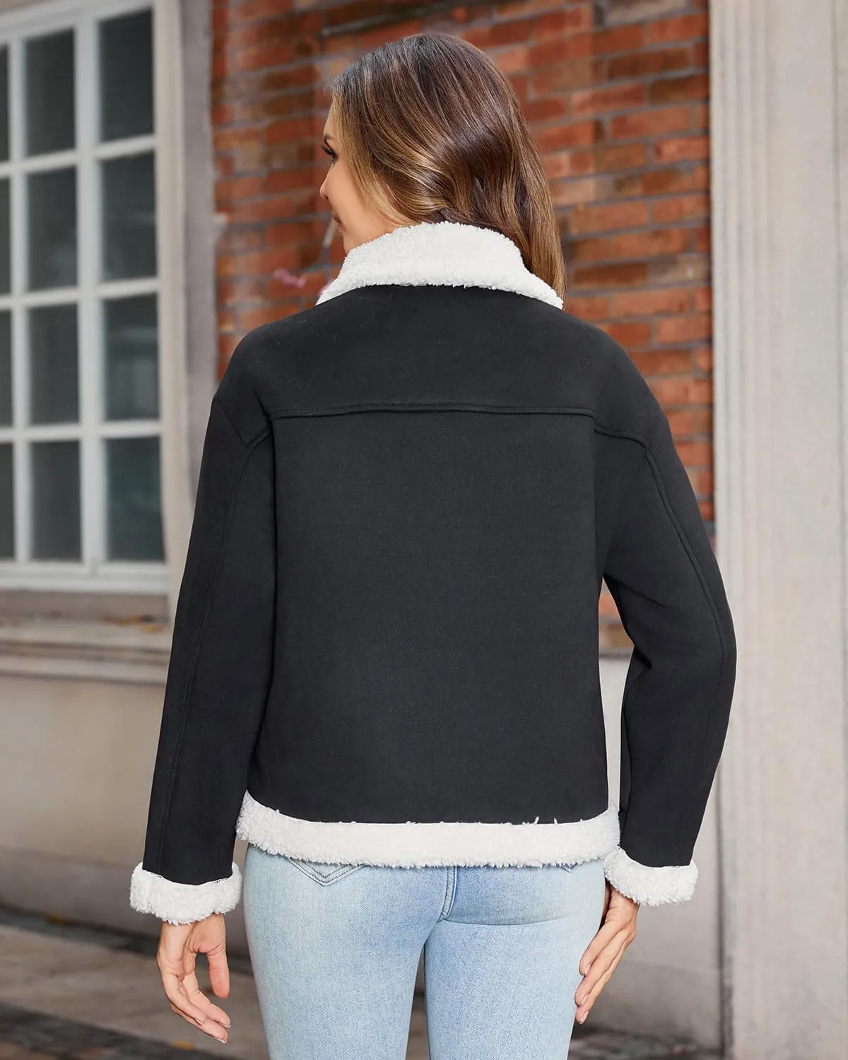 Women's Faux Shearing Moto Jacket Thick Fur Lined Coat Sherpa Leather Jacket