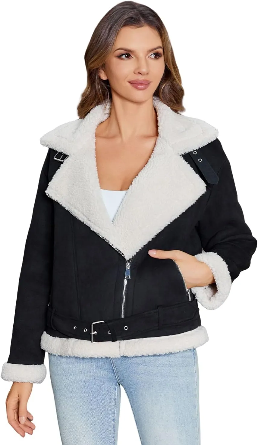 Women's Faux Shearing Moto Jacket Thick Fur Lined Coat Sherpa Leather Jacket