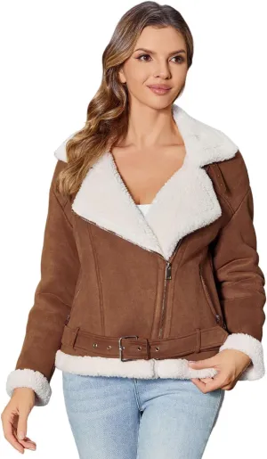 Women's Faux Shearing Moto Jacket Thick Fur Lined Coat Sherpa Leather Jacket