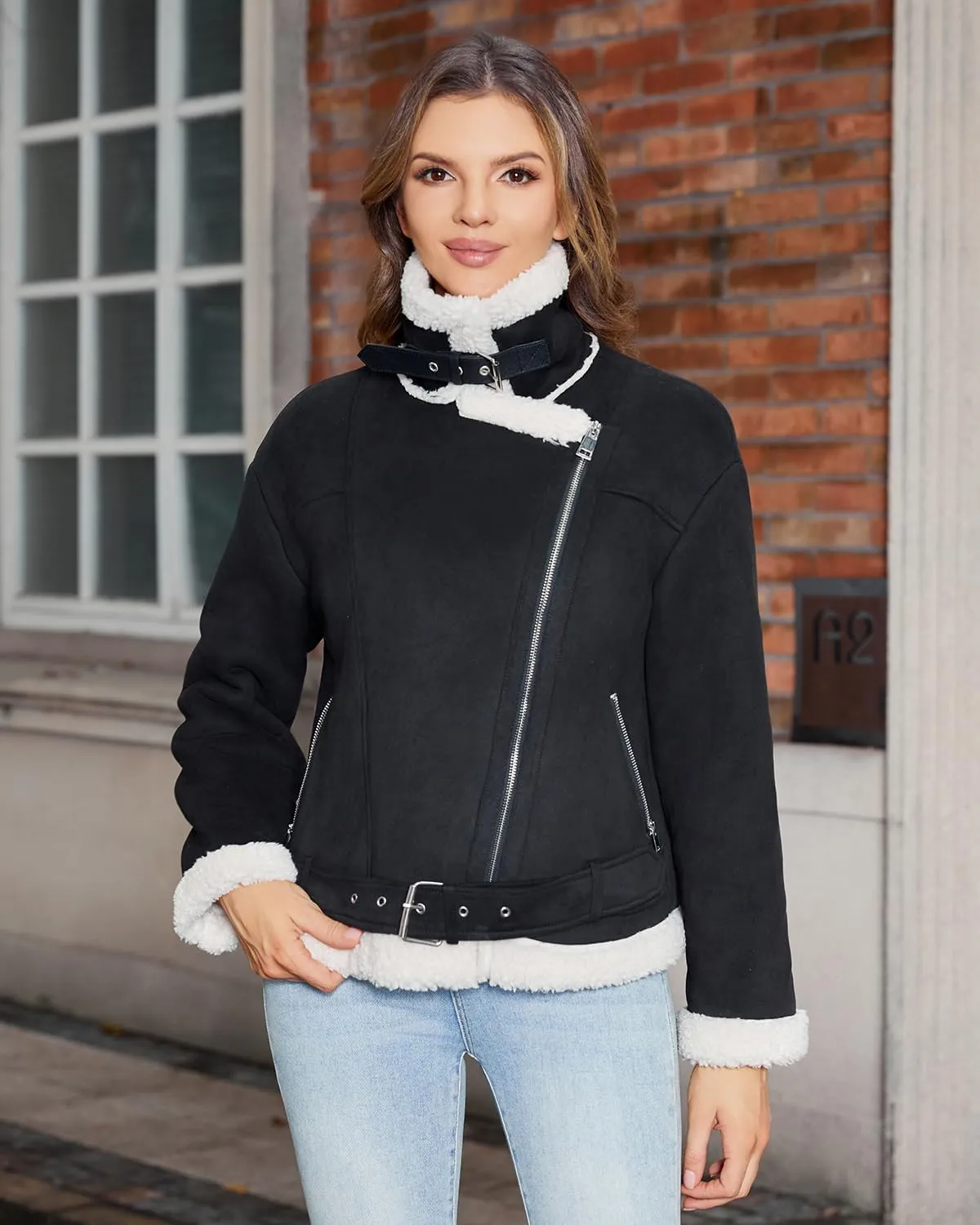 Women's Faux Shearing Moto Jacket Thick Fur Lined Coat Sherpa Leather Jacket