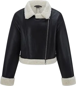Women's Faux Shearing Moto Jacket Thick Fur Lined Coat Sherpa Leather Jacket