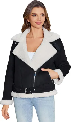 Women's Faux Shearing Moto Jacket Thick Fur Lined Coat Sherpa Leather Jacket