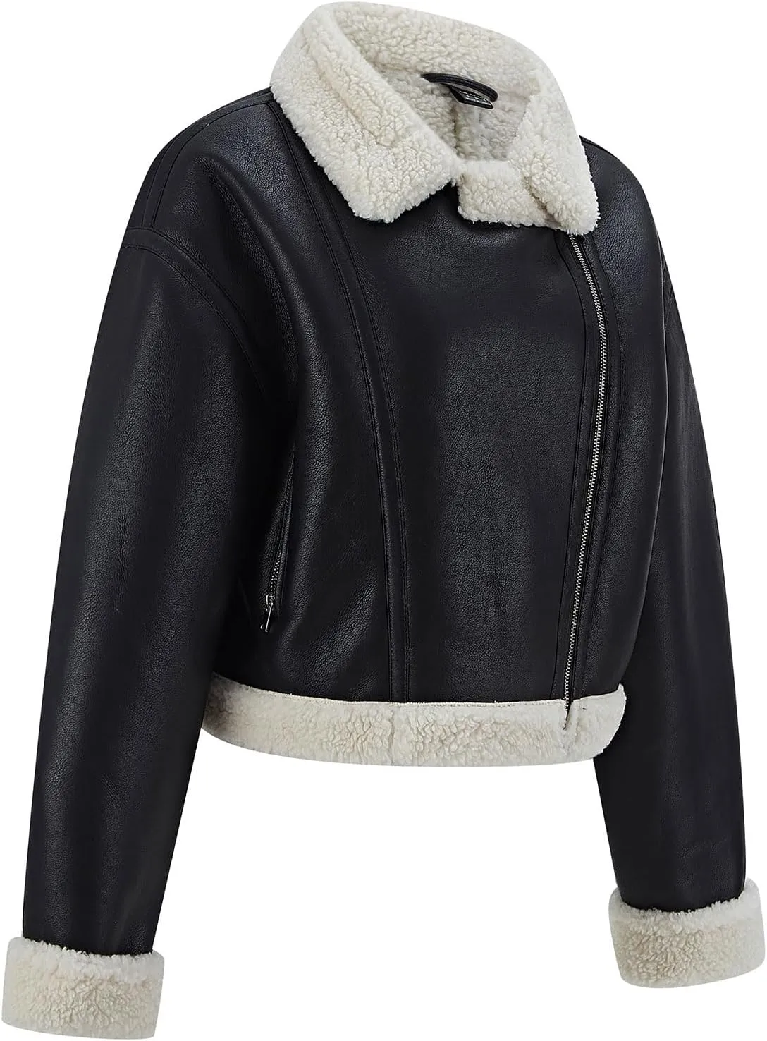 Women's Faux Shearing Moto Jacket Thick Fur Lined Coat Sherpa Leather Jacket