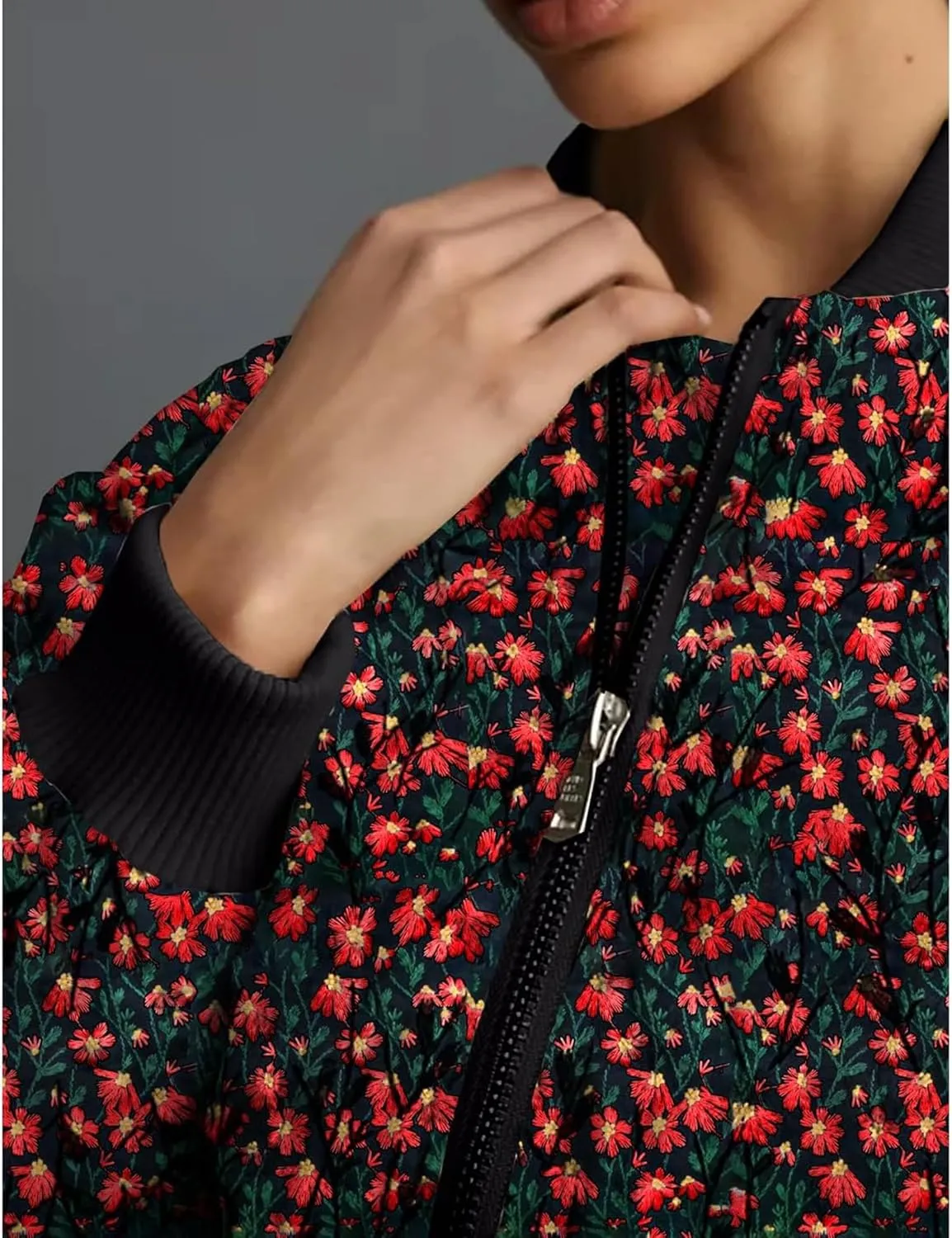Womens Floral Bomber Jacket Cropped Zipper Down Long Sleeve Daisy Padded Coat Outwear with Pockets