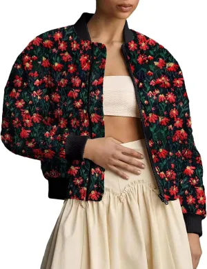 Womens Floral Bomber Jacket Cropped Zipper Down Long Sleeve Daisy Padded Coat Outwear with Pockets