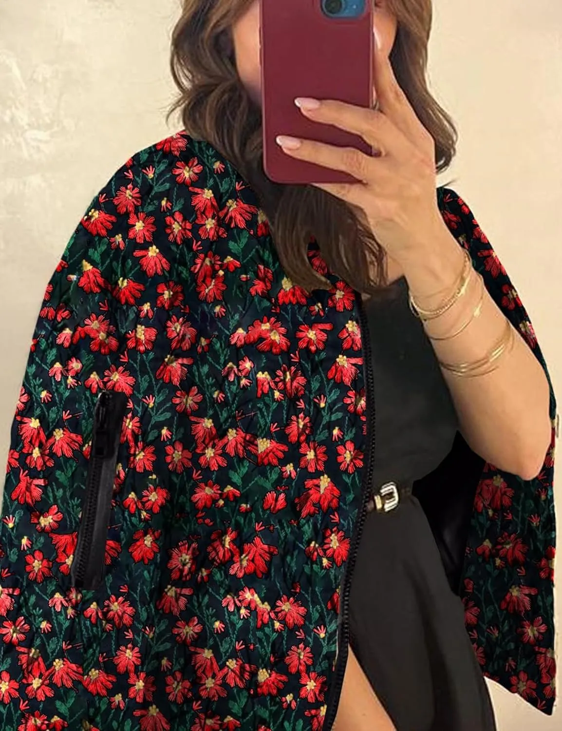 Womens Floral Bomber Jacket Cropped Zipper Down Long Sleeve Daisy Padded Coat Outwear with Pockets