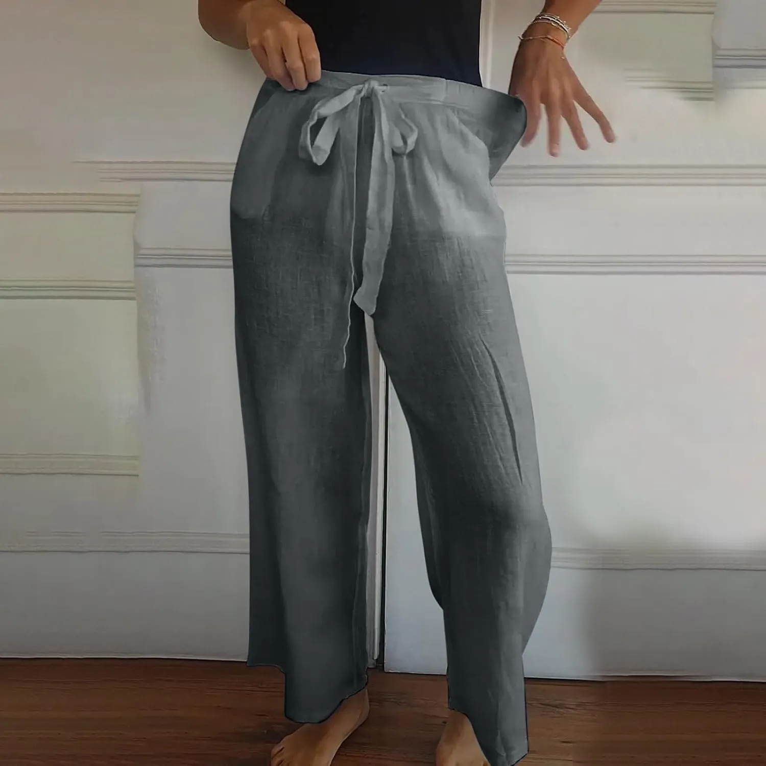 Womens Flowy Loose Wide Leg Linen Pant Summer Beach Casual Trousers high Waist Drawstring Business Work Palazzo Pants