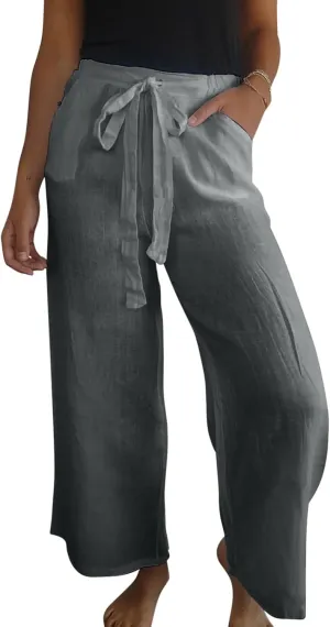 Womens Flowy Loose Wide Leg Linen Pant Summer Beach Casual Trousers high Waist Drawstring Business Work Palazzo Pants