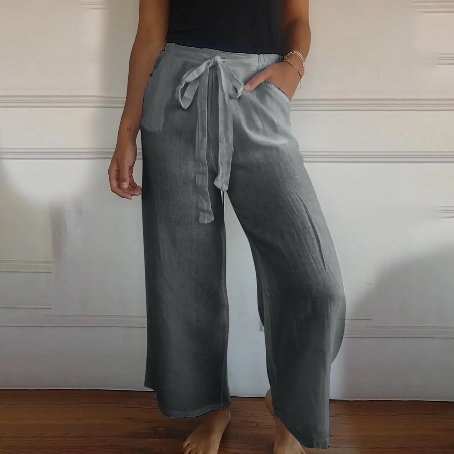 Womens Flowy Loose Wide Leg Linen Pant Summer Beach Casual Trousers high Waist Drawstring Business Work Palazzo Pants