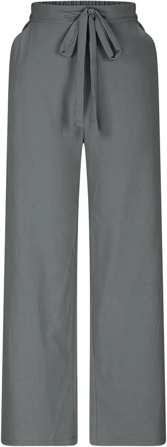 Womens Flowy Loose Wide Leg Linen Pant Summer Beach Casual Trousers high Waist Drawstring Business Work Palazzo Pants