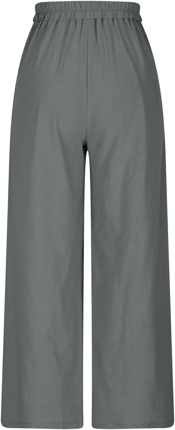 Womens Flowy Loose Wide Leg Linen Pant Summer Beach Casual Trousers high Waist Drawstring Business Work Palazzo Pants