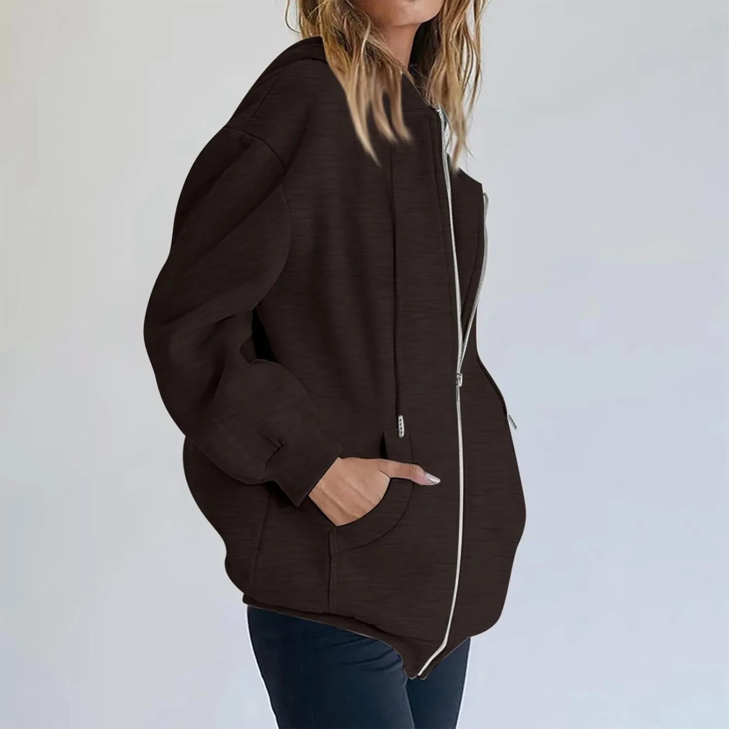 Womens Full Zip Hoodie Y2K Drop Shoulder Fleece Oversized Sweatshirt Baggy Lightweight Comfy Hooded Jackets w/Pockets