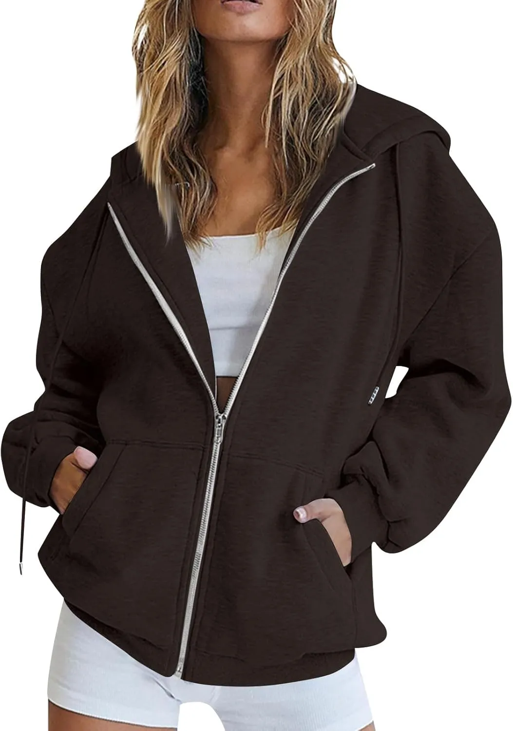 Womens Full Zip Hoodie Y2K Drop Shoulder Fleece Oversized Sweatshirt Baggy Lightweight Comfy Hooded Jackets w/Pockets