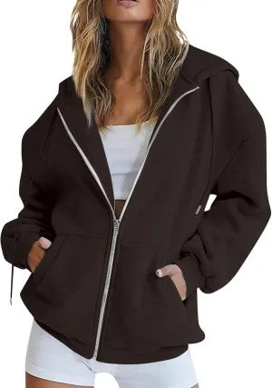 Womens Full Zip Hoodie Y2K Drop Shoulder Fleece Oversized Sweatshirt Baggy Lightweight Comfy Hooded Jackets w/Pockets