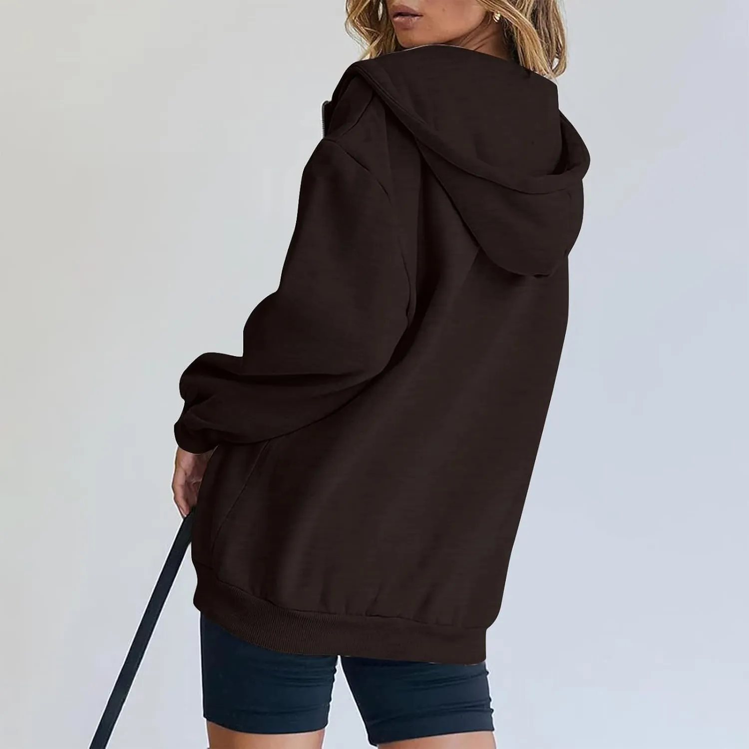 Womens Full Zip Hoodie Y2K Drop Shoulder Fleece Oversized Sweatshirt Baggy Lightweight Comfy Hooded Jackets w/Pockets