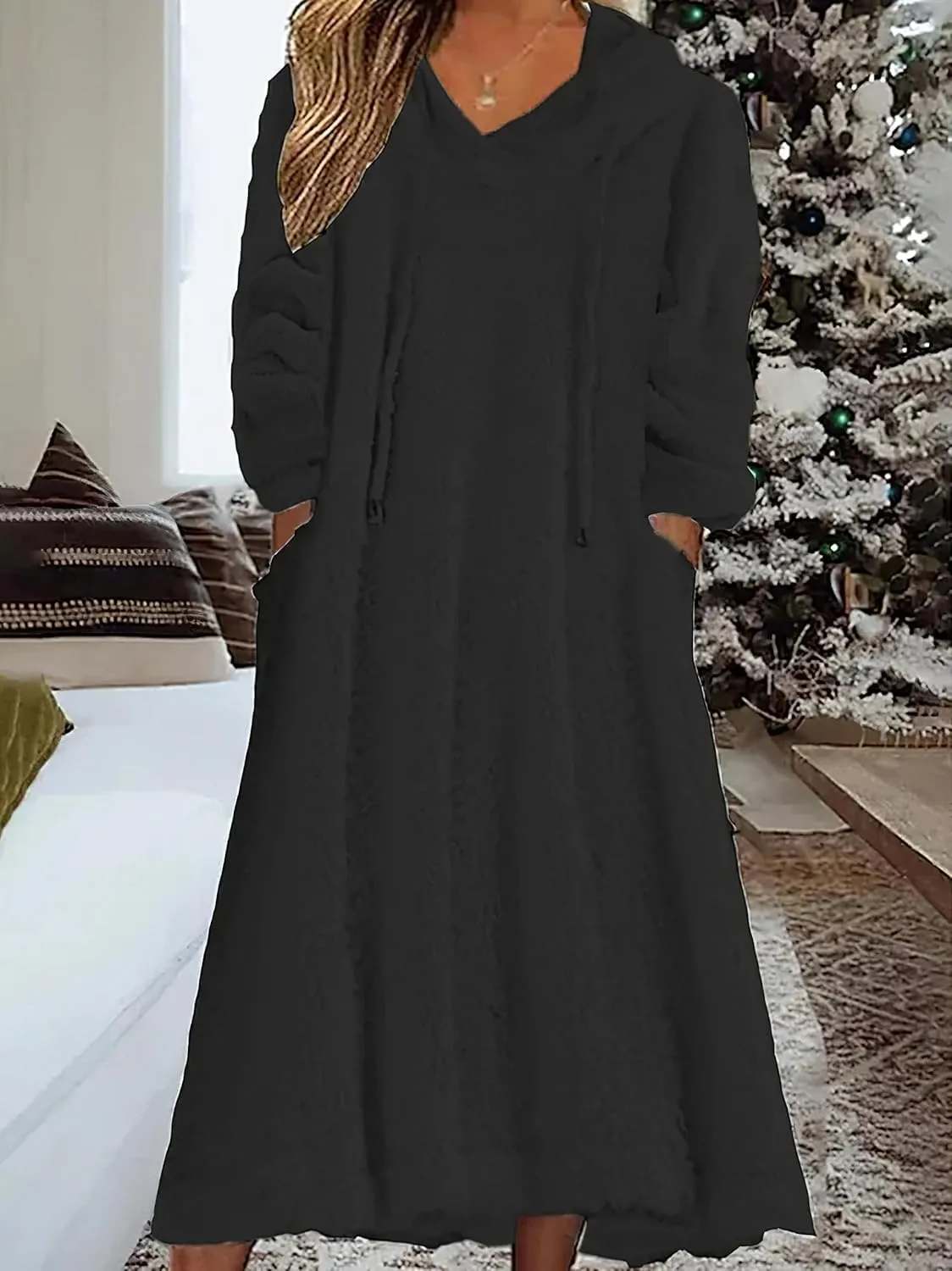 Womens Fuzzy Hooded Long Fleece Dress Fall Winter Fleece Dresses with Pockets