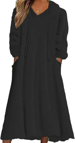 Womens Fuzzy Hooded Long Fleece Dress Fall Winter Fleece Dresses with Pockets
