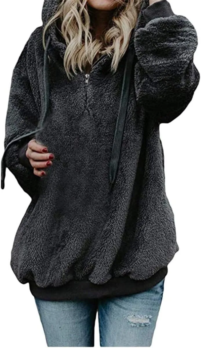 Womens Fuzzy Hoodies Sherpa Fleece Lined Sweatshirts Half Zipper Long Sleeve Pullover Casual Sport Hoodie Tops