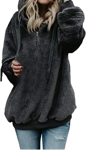 Womens Fuzzy Hoodies Sherpa Fleece Lined Sweatshirts Half Zipper Long Sleeve Pullover Casual Sport Hoodie Tops