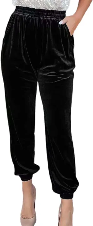 Women's Golden Velvet Harem Pants High Waist Yoga Trousers Casual Track Cuff Stretch Trousers with Pockets