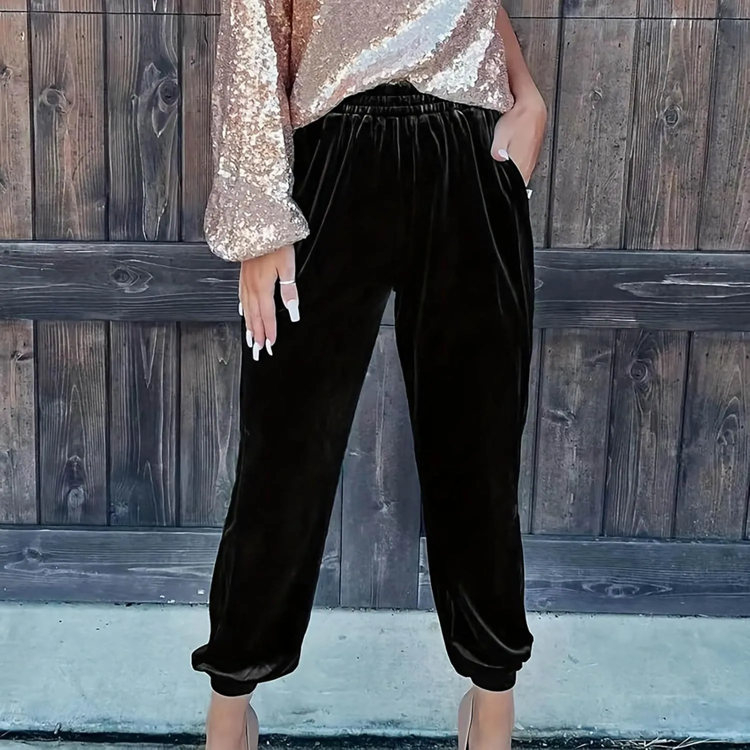 Women's Golden Velvet Harem Pants High Waist Yoga Trousers Casual Track Cuff Stretch Trousers with Pockets