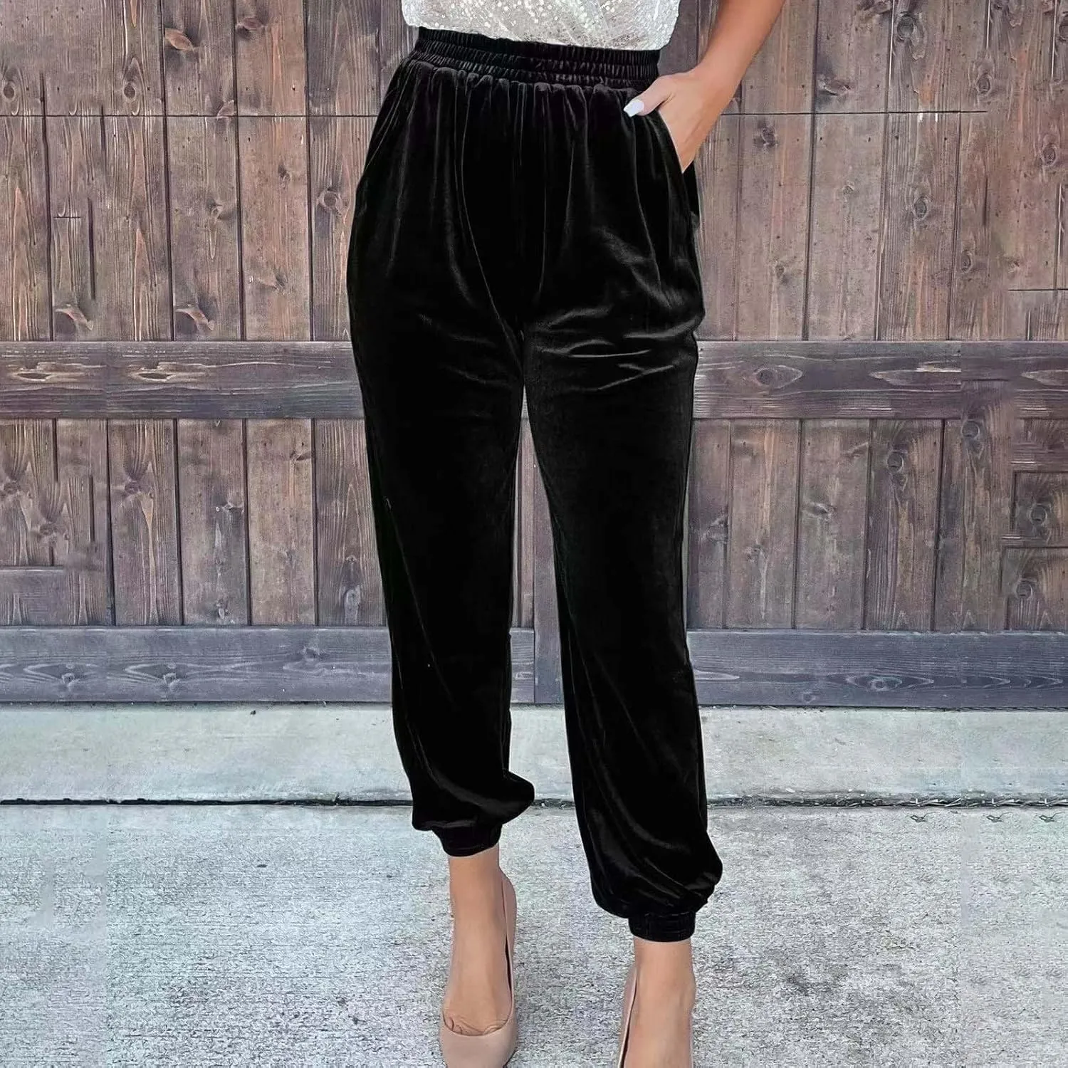 Women's Golden Velvet Harem Pants High Waist Yoga Trousers Casual Track Cuff Stretch Trousers with Pockets