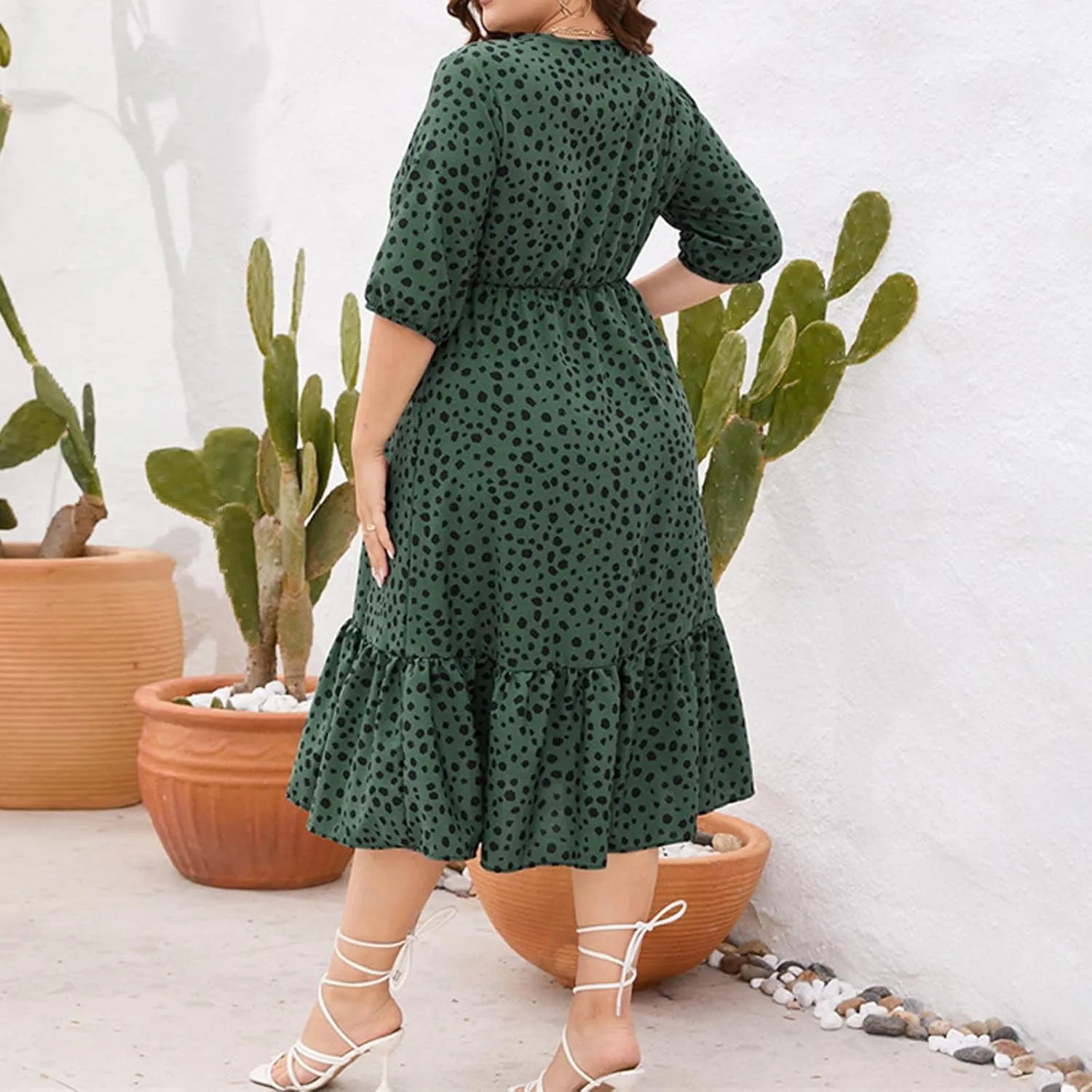 Women's Half Sleeve Plus Size Swing Dress Round Neck Elastic Waist Midi Flowy Knee Length Boho Loose Tunic Dresses
