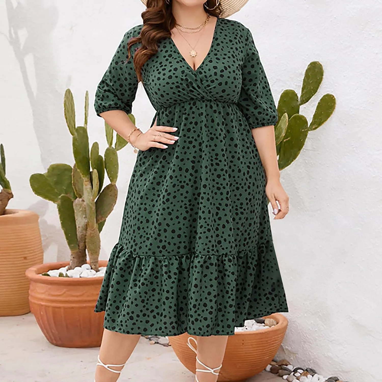 Women's Half Sleeve Plus Size Swing Dress Round Neck Elastic Waist Midi Flowy Knee Length Boho Loose Tunic Dresses