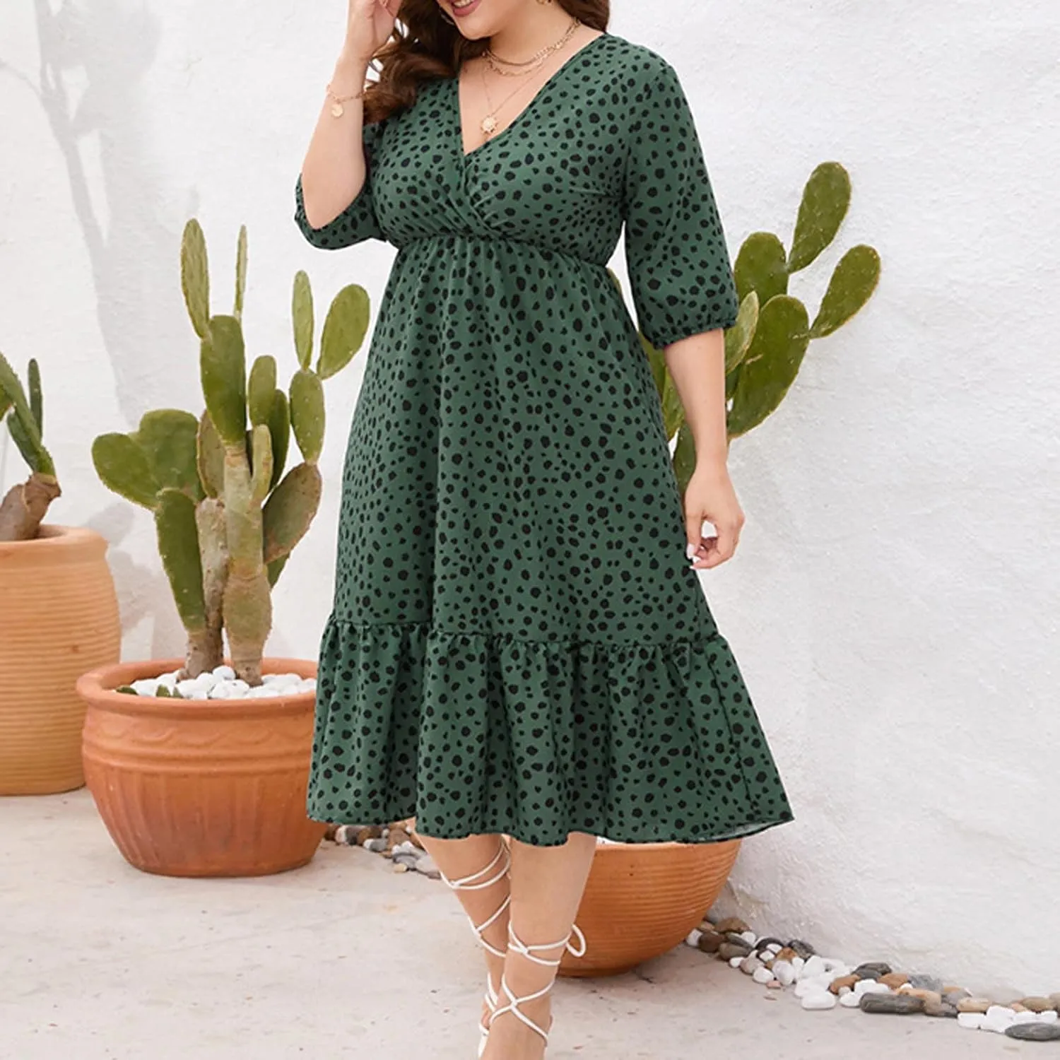 Women's Half Sleeve Plus Size Swing Dress Round Neck Elastic Waist Midi Flowy Knee Length Boho Loose Tunic Dresses