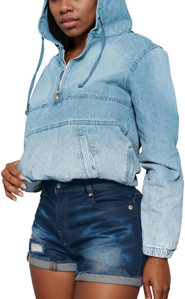 Women's Half Zip Denim Hoodie Pullover Jacket Jean Tops