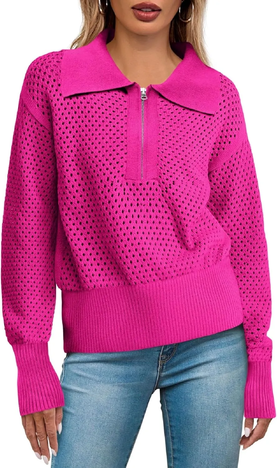 Women's Half Zip Pullover Sweaters Crochet Lapel Collar Long Sleeve Knit Solid Color Jumper Tops
